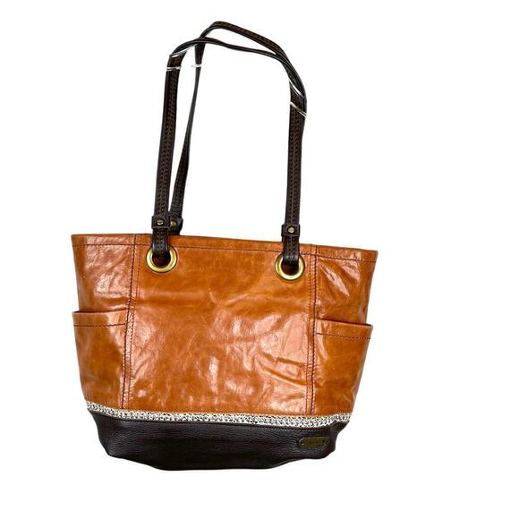The Sak Landis Tote Handbag Genuine Leather in Caramel Brown - Picture 1 of 14